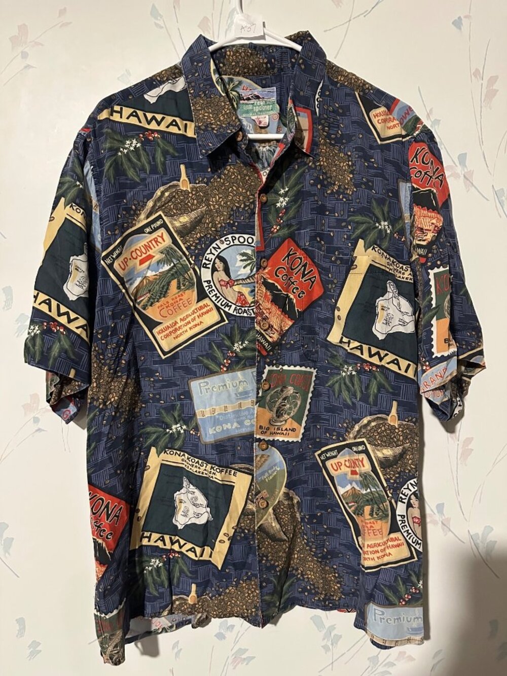 Reyn Spooner Hawaiian Shirt Kona Coffee Print Mens XL Made In Hawaii Rayon Short